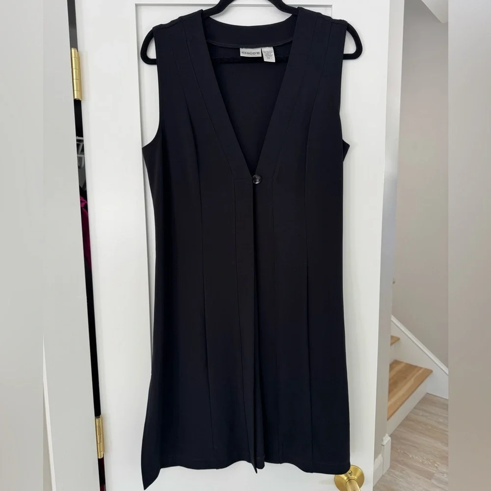 Chico's Lagenlook Long Tunic Vest Oyster Button Wrinkle-Resistant Black